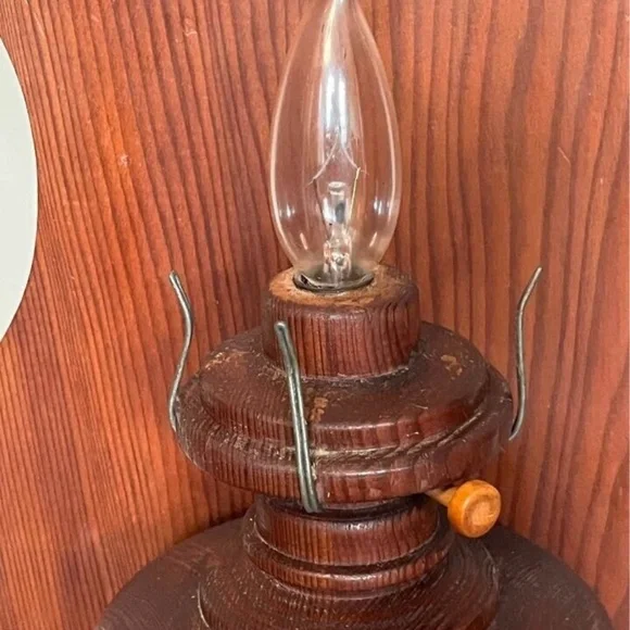 Vintage Rustic Farmhouse Wooden Electric Oil Lamp With Wooden Wall Mount - Picture 7 of 11